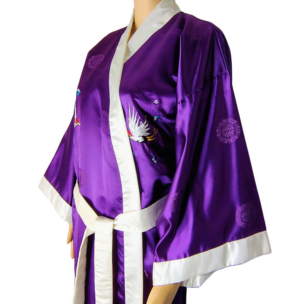 1980s Japanese Purple Kimono Robe Embroidered Crane White Trim Belted One Size